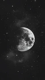 Monochrome moon glows amid dense starfield night sky.