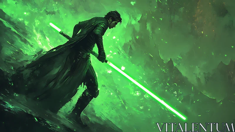 Dynamic green energy blade warrior strides through storming mist