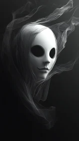 Ghostly porcelain mask drifts through shadowed smoke veil.