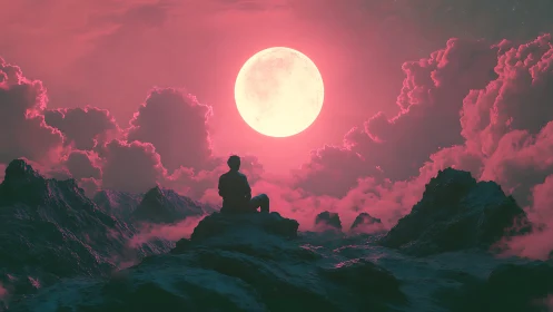 Solitary dreamer watches a neon moon ignite the clouded sky