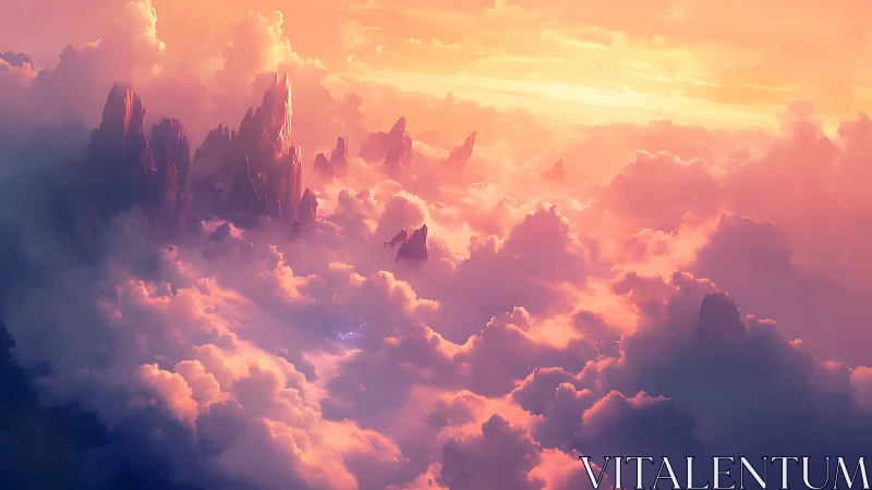 Sunlit crystal peaks slice through glowing pastel clouds.