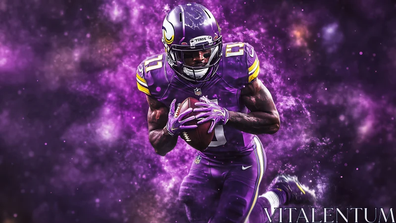 Gridiron player in purple uniform amid abstract nebula field.
