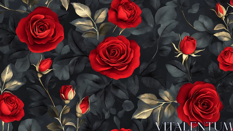 Red Roses on Dark Background with Gold Leaf Accents.