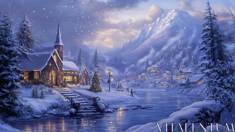 Snowy village chapel glows warmly beneath winter mountains