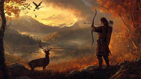 Hunter draws bow over autumn valley in cinematic backlight