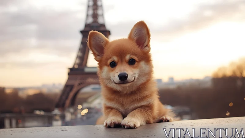 Corgi puppy on ledge in front of Eiffel Tower at sunset.