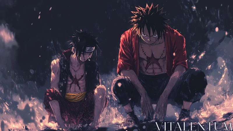 Battle-scarred warriors kneel in stormlit, fiery rain