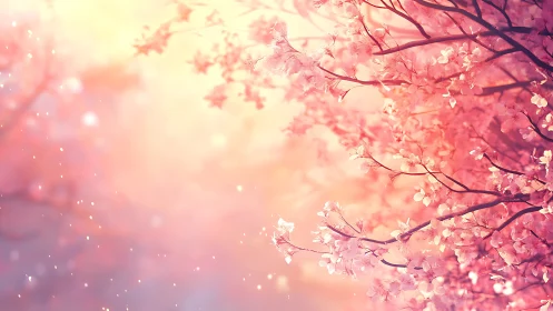 Cherry blossom branches against diffuse pastel light background.