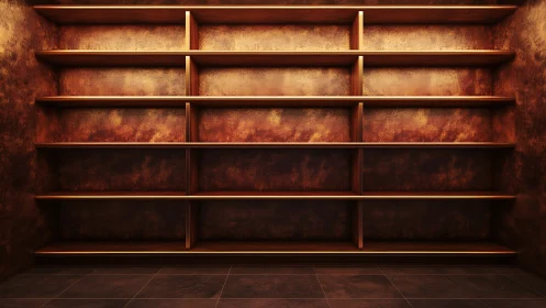 Symmetrical wooden shelving grid in warm tonal illumination.