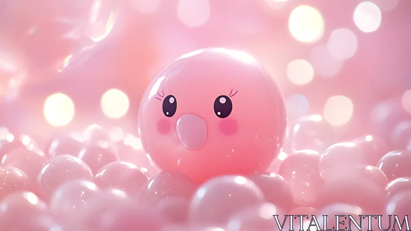 Rosy Bubble Character Floating Through Pastel Dreamscape.