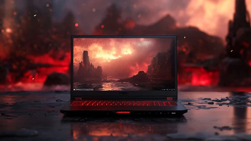 Gaming laptop glows against a fiery volcanic digital landscape