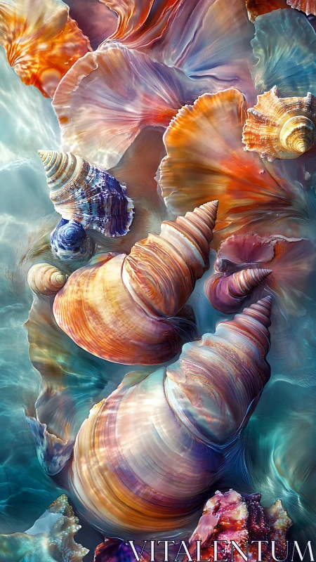Digital painting of iridescent seashells in liquid motion field.