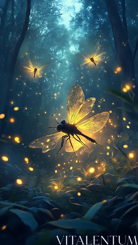 Luminous dragonflies drifting through an enchanted forest night.