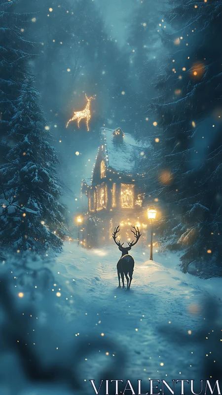 Deer stands on snowy path facing illuminated forest cabin