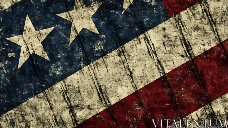 Distressed American flag diagonal with heavy grunge texture.