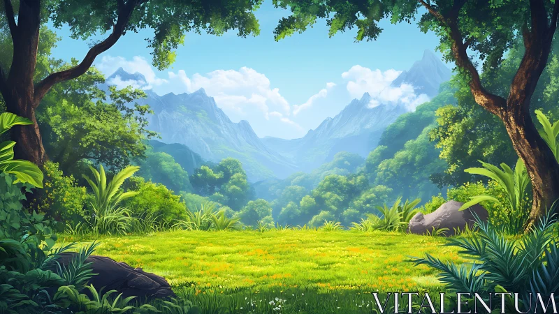 Mountain Valley Clearing with Framing Forest Trees