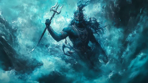 Mythic blue warrior emerges from violent swirling sea.