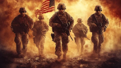 Soldiers move forward through smoky battlefield environment