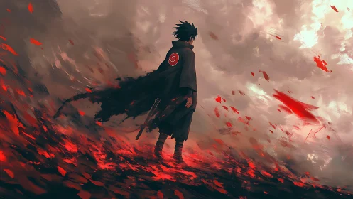 Solitary anime figure in red storm on desolate landscape.