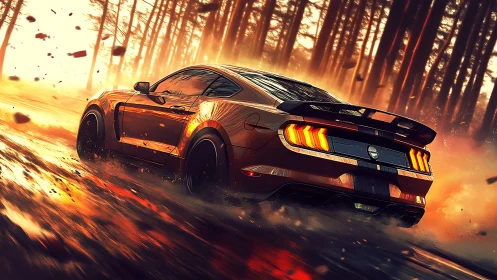 Sports coupe moves through wet forest road at sunset light