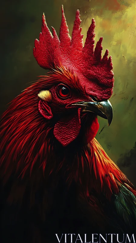 Red Rooster Portrait with Spiked Crown Against Muted Green.