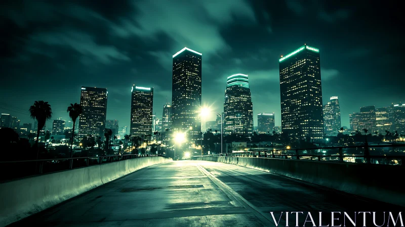Moody turquoise night view of modern city skyline.