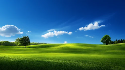 Grassy rolling hills under clear sky with scattered clouds.