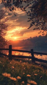 Sunset over quiet lakeside field behind wooden fence.