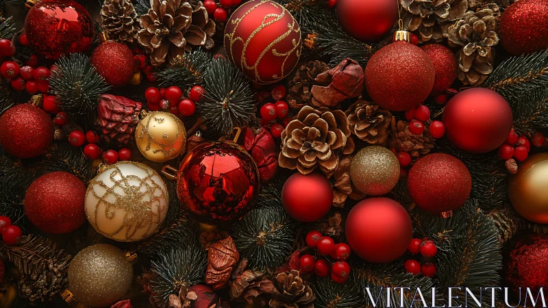 Crimson baubles and pinecone chorus in cozy Yuletide tangle.