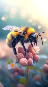 Macro bee on pastel blossoms rendered in soft bokeh light