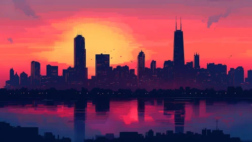 City skyline unwinds in soft neon light over calm water