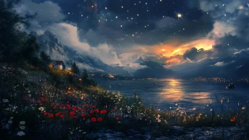 Starlit lakeside meadow glows softly beneath a dreamy sky