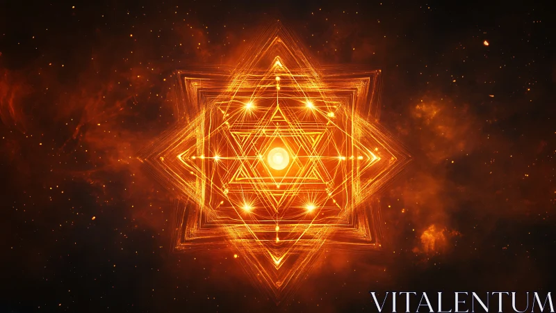 Luminous sacred geometry star ignites within cosmic nebula.