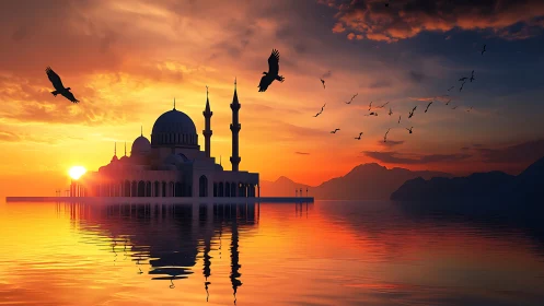 Mosque silhouette over reflective water at vivid sunset.