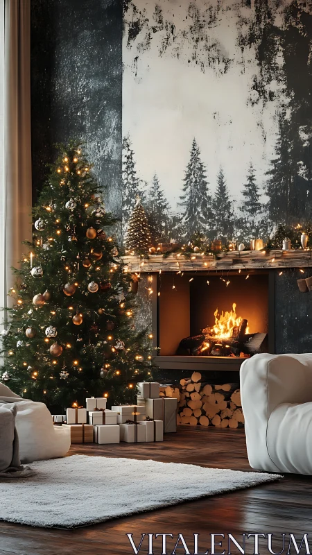 Christmas tree and fireplace create warm modern living room