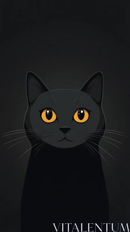 Black Cat with Golden Eyes Against Dark Background.