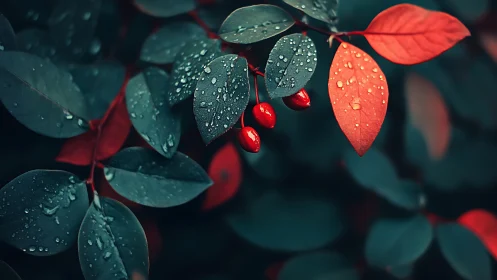 Raindrops glisten on red berries against deep teal foliage