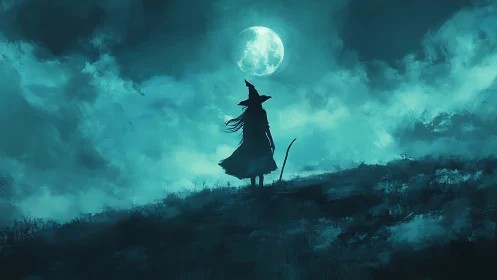 Moonlit witch silhouette against turbulent teal clouds.