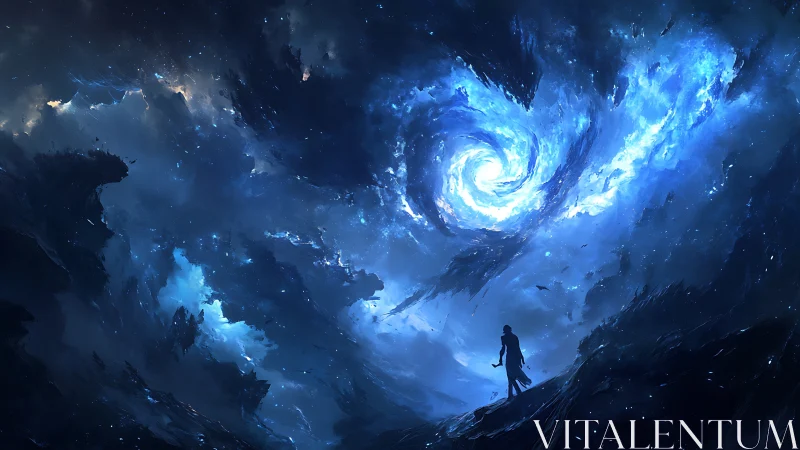 Stargazer at the blue cosmic whirl, standing on night&rsquo;s edge.