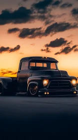 Low-slung midnight truck prowls beneath ember-streaked sky.