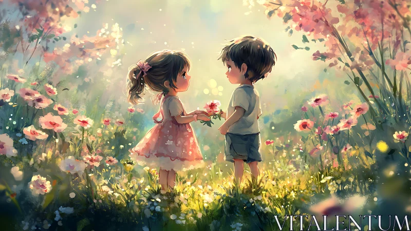 Two Children Exchanging Flowers in Blooming Floral Field
