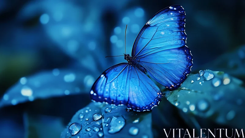 Iridescent blue butterfly poised on dew‑drenched foliage.