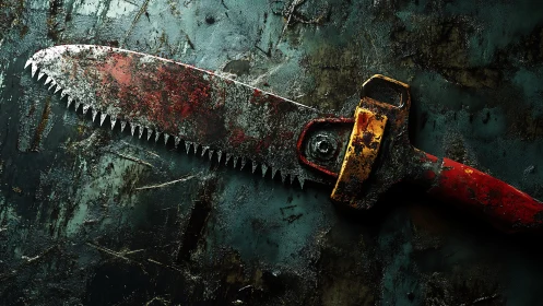 Rust-streaked hand saw blade on distressed metal surface.