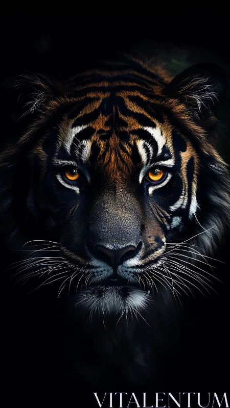 High‑contrast frontal tiger portrait with luminous amber gaze.