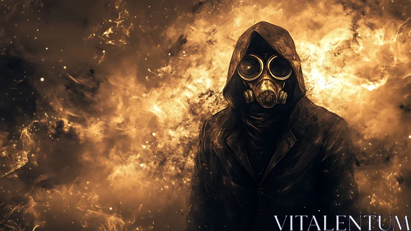 Hooded firewalker studies chaos through rusted glass goggles