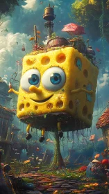 Sponge-like yellow cube character hovers above lush forest