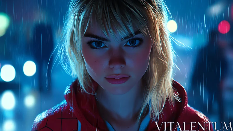 Blonde woman in red jacket under rain at night street.