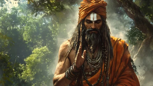 Mystic ascetic in orange robes meditates within dense forest haze