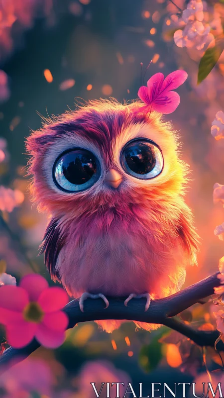 Neon plumage owl with oversized reflective eyes at dusk.