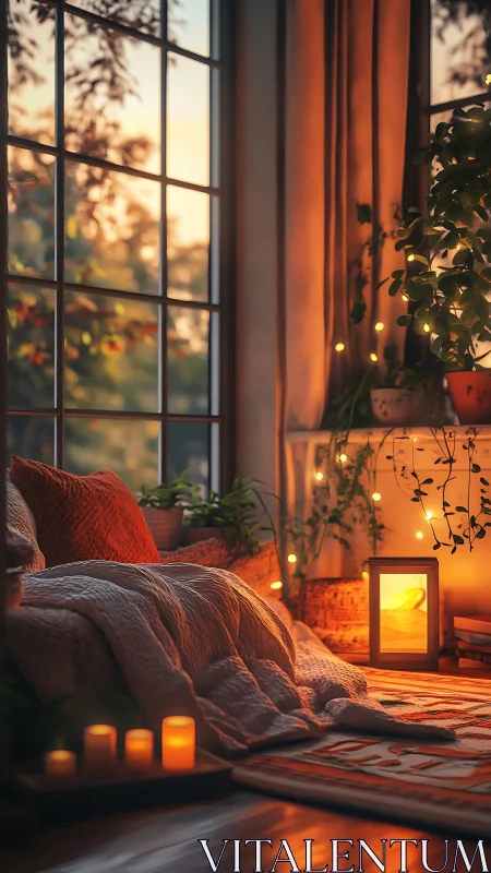 Cozy window nook glowing with plants, candles, and sunset light.